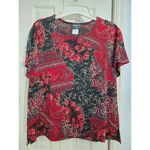 Southern Lady XL Red & Black Paisley Print Short Sleeve Top very pretty